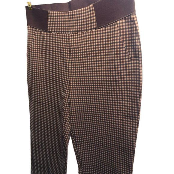 DG2 Diane Gilman Pull On LT Womens Brown Checked Pants w/Pockets Stretchy - Picture 1 of 5